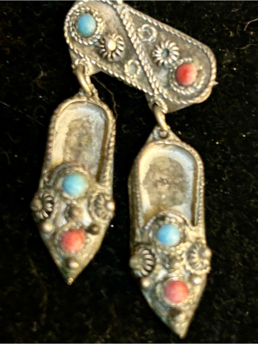 Antique Vintage Deco 900 Sterling Silver Turquoise, Shoe Pin Brooch 4.2 g - Picture 2 of 4